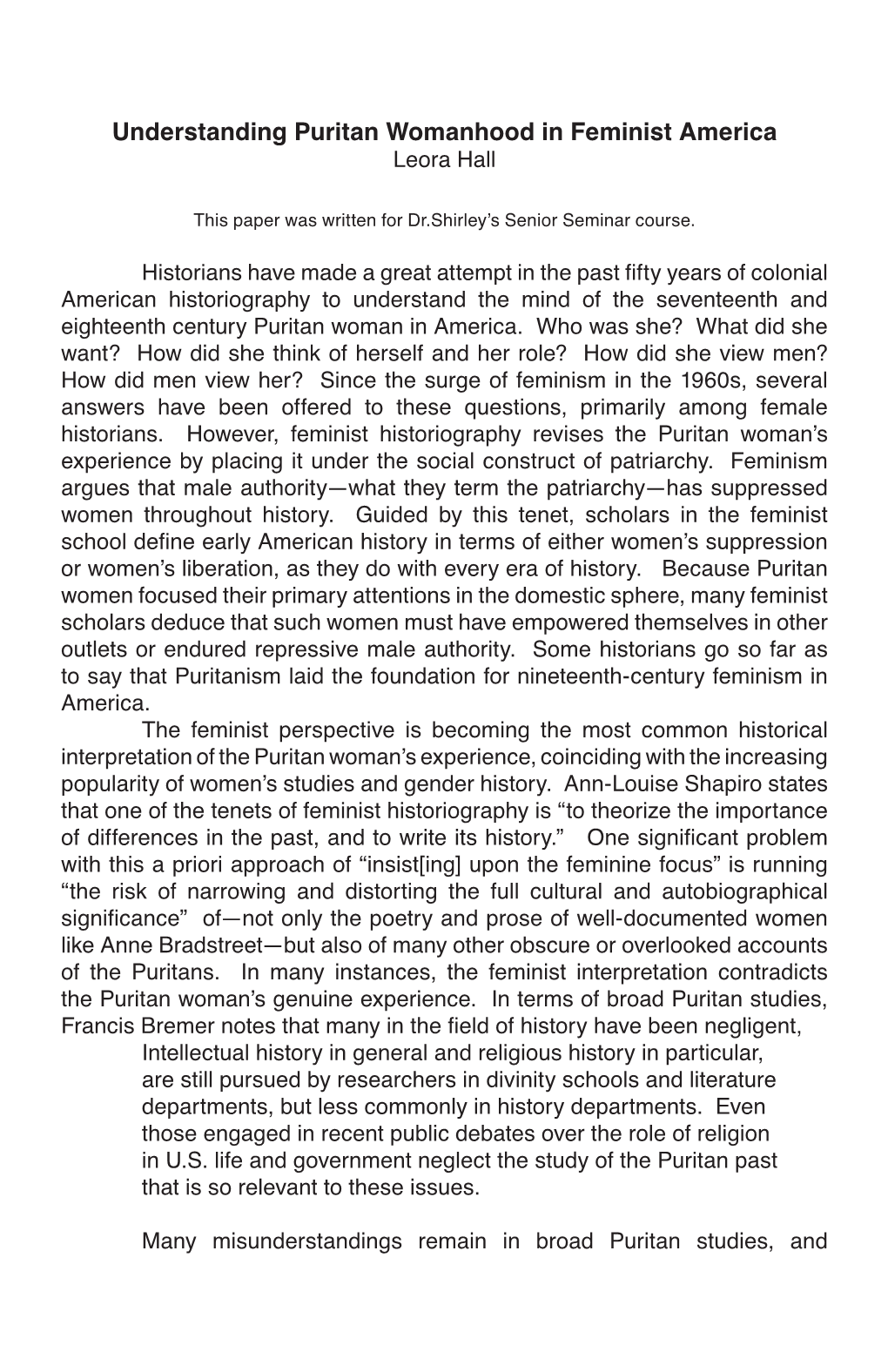 Understanding Puritan Womanhood in Feminist America Leora Hall