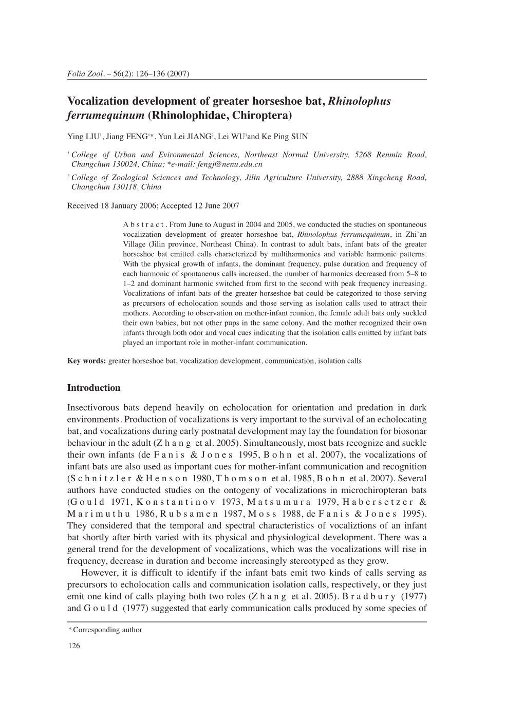 Vocalization Development of Greater Horseshoe Bat, Rhinolophus Ferrumequinum (Rhinolophidae, Chiroptera)