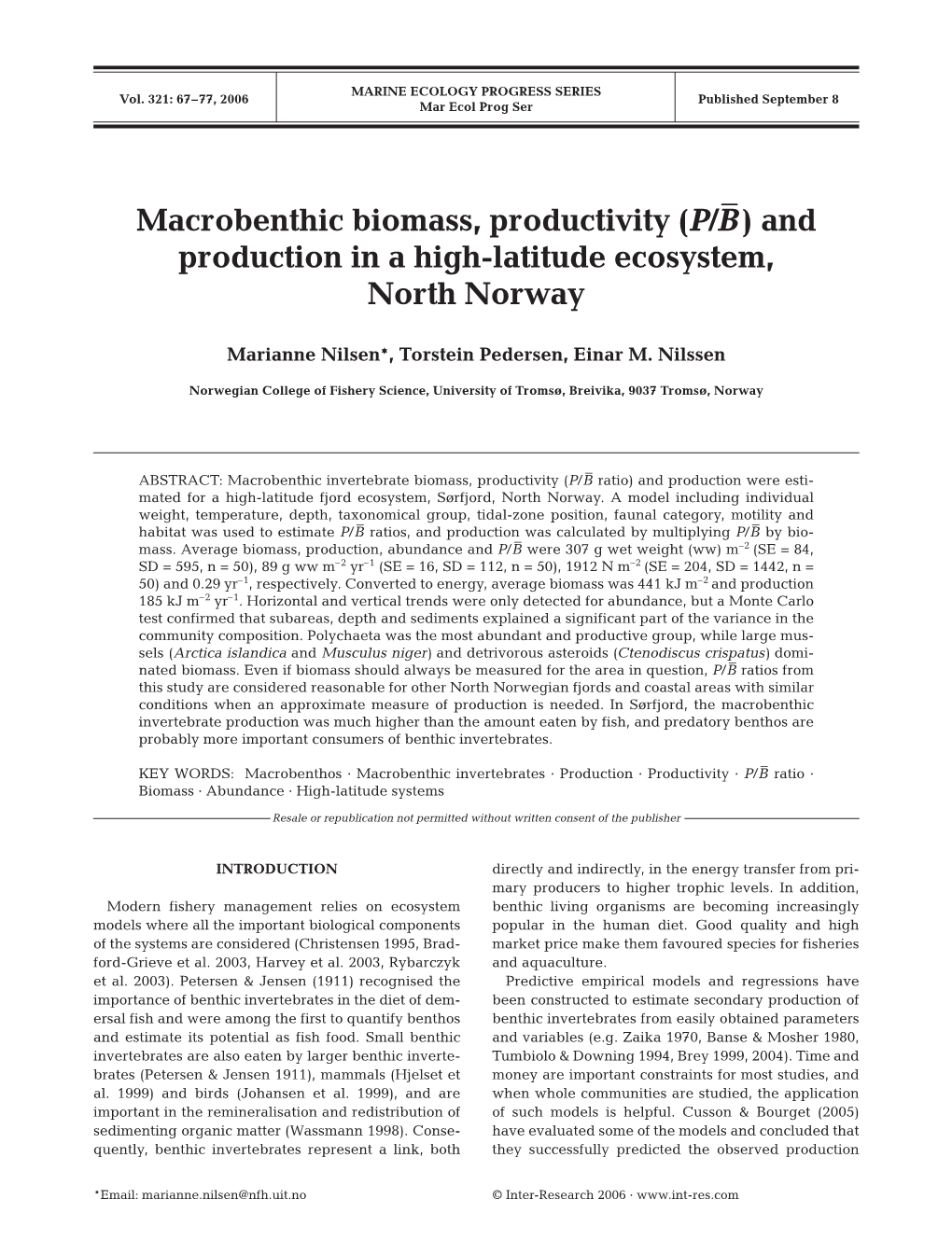 Macrobenthic Biomass, Productivity (P/B-) and Production in a High-Latitude Ecosystem, North Norway