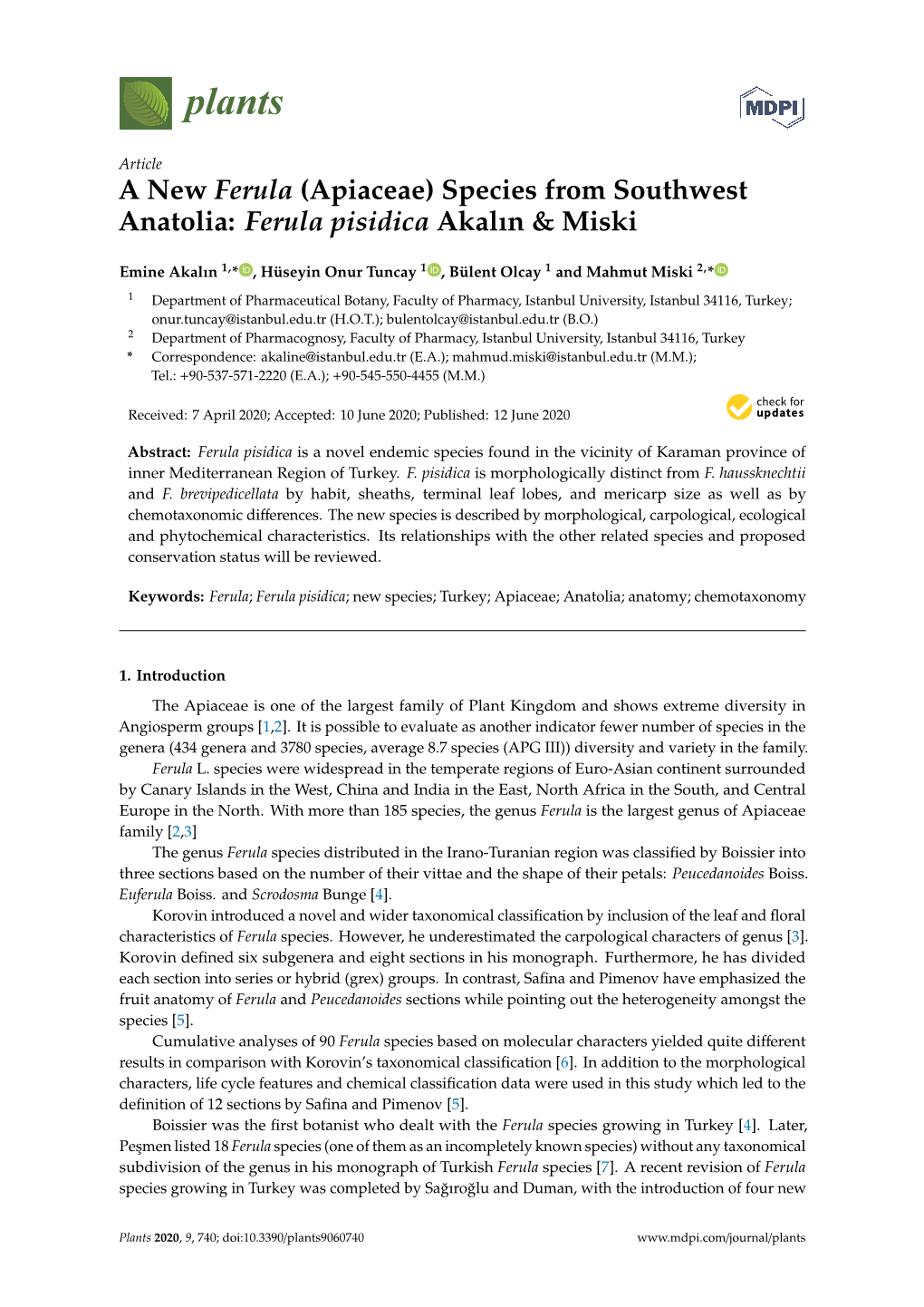 A New Ferula (Apiaceae) Species from Southwest Anatolia: Ferula Pisidica Akalın & Miski