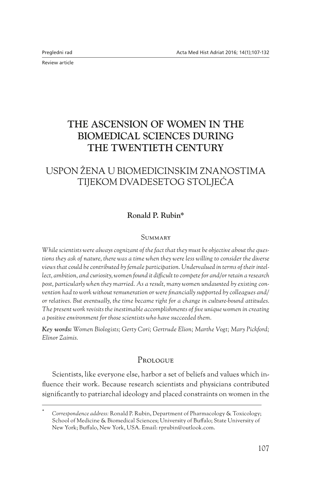 The Ascension of Women in the Biomedical Sciences During the Twentieth Century