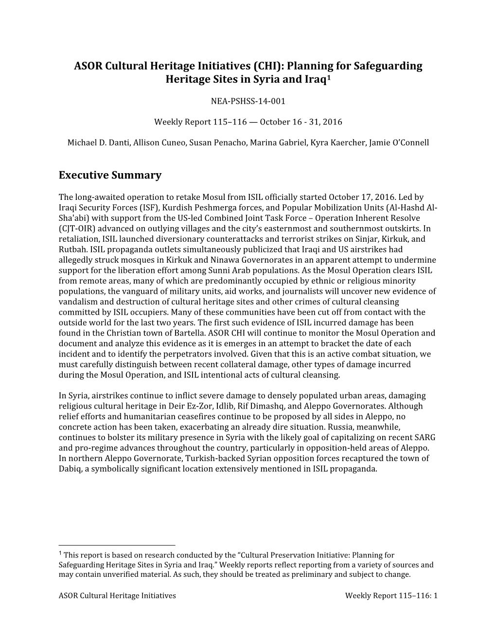 ASOR Cultural Heritage Initiatives (CHI): Planning for Safeguarding Heritage Sites in Syria and Iraq1