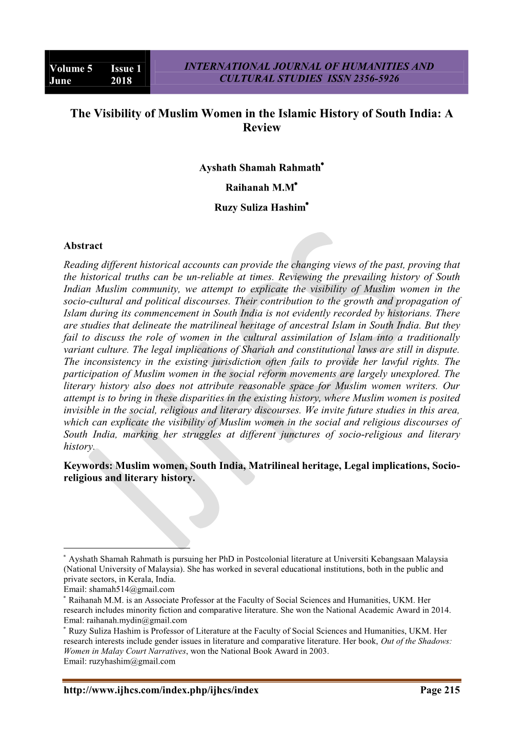 The Visibility of Muslim Women in the Islamic History of South India: a Review