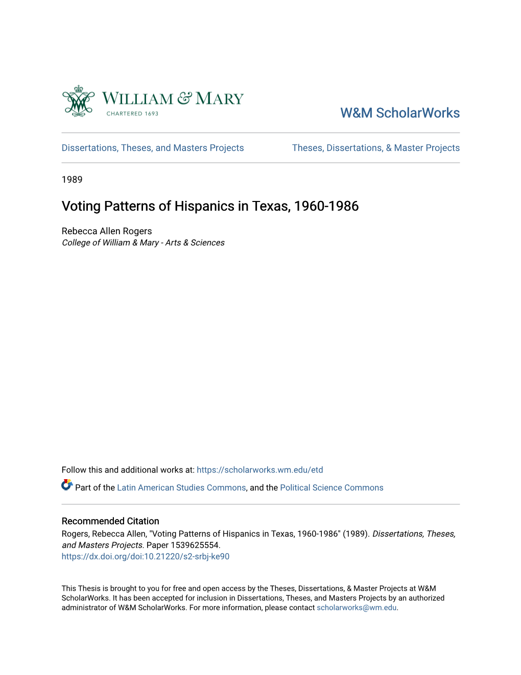 Voting Patterns of Hispanics in Texas, 1960-1986