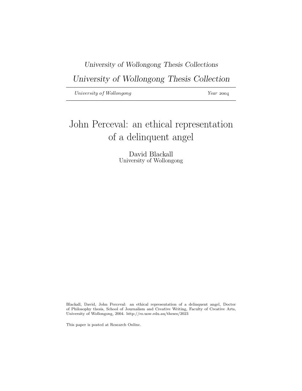 John Perceval: an Ethical Representation of a Delinquent Angel