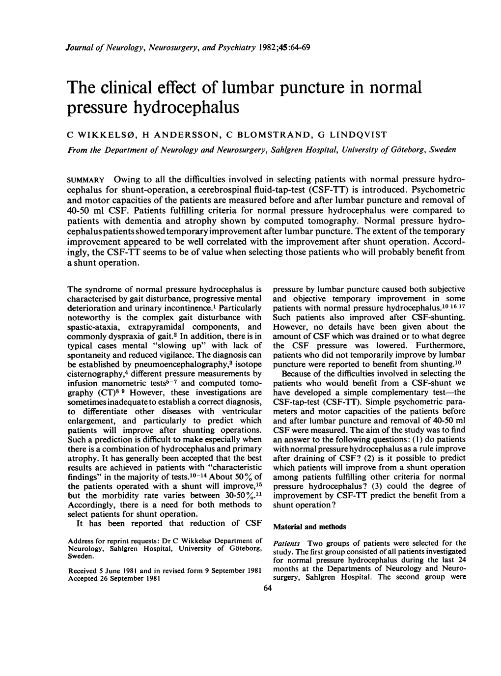 The Clinical Effect of Lumbar Puncture in Normal Pressure Hydrocephalus