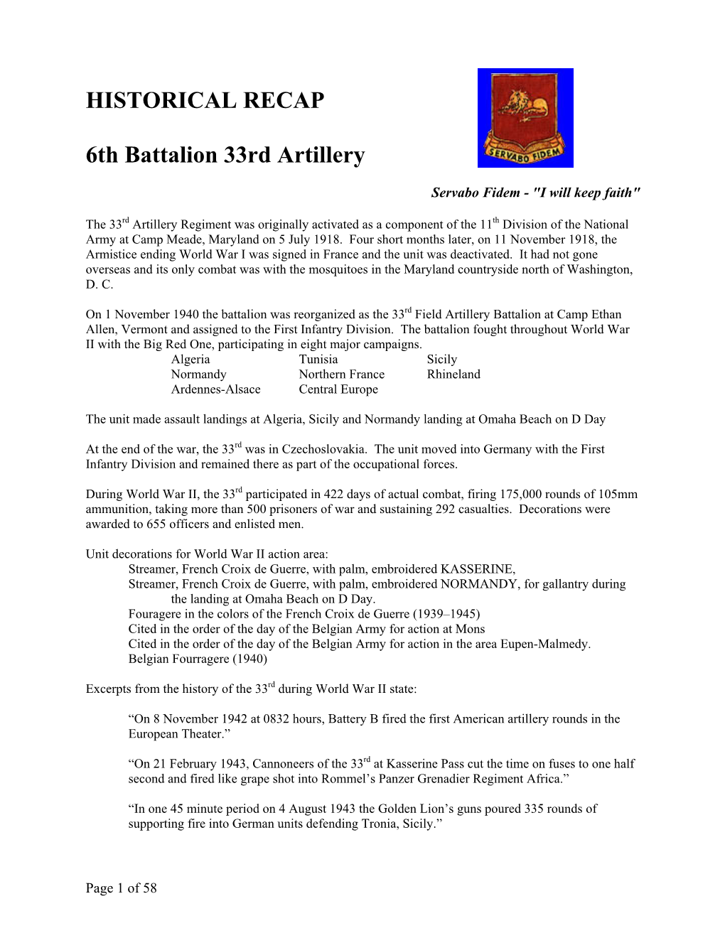 HISTORICAL RECAP 6Th Battalion 33Rd Artillery