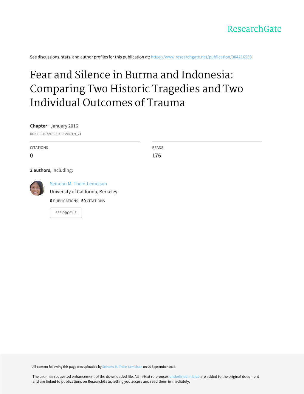 Fear and Silence in Burma and Indonesia: Comparing Two Historic Tragedies and Two Individual Outcomes of Trauma
