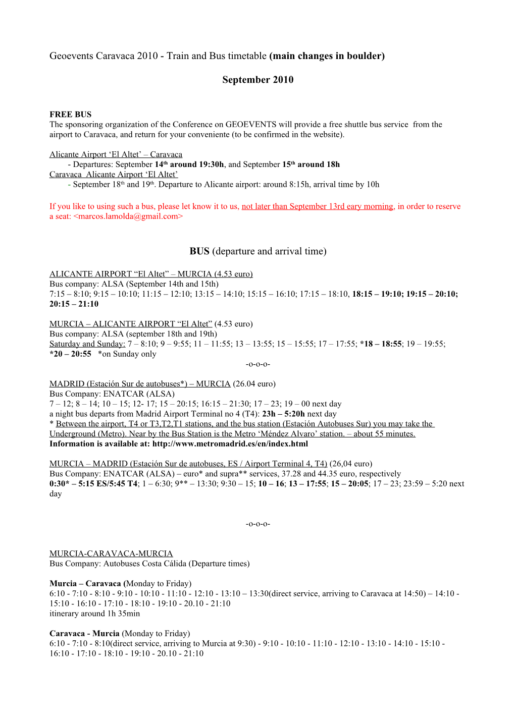 Geoevents Caravaca 2010 - Train and Bus Timetable