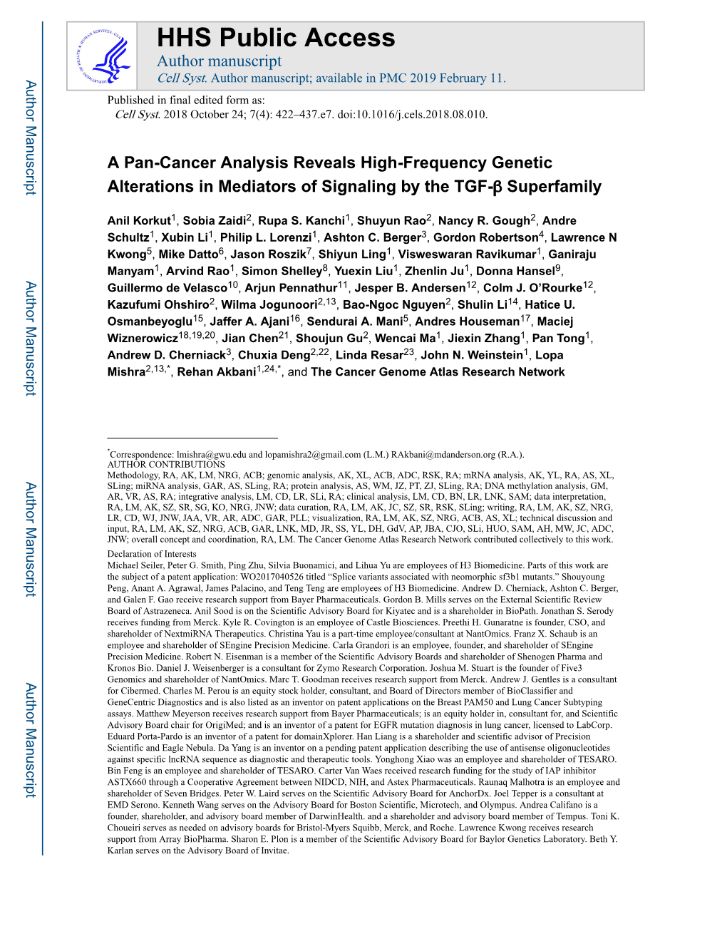 A Pan-Cancer Analysis Reveals High-Frequency Genetic Alterations in Mediators of Signaling by the TGF-Β Superfamily