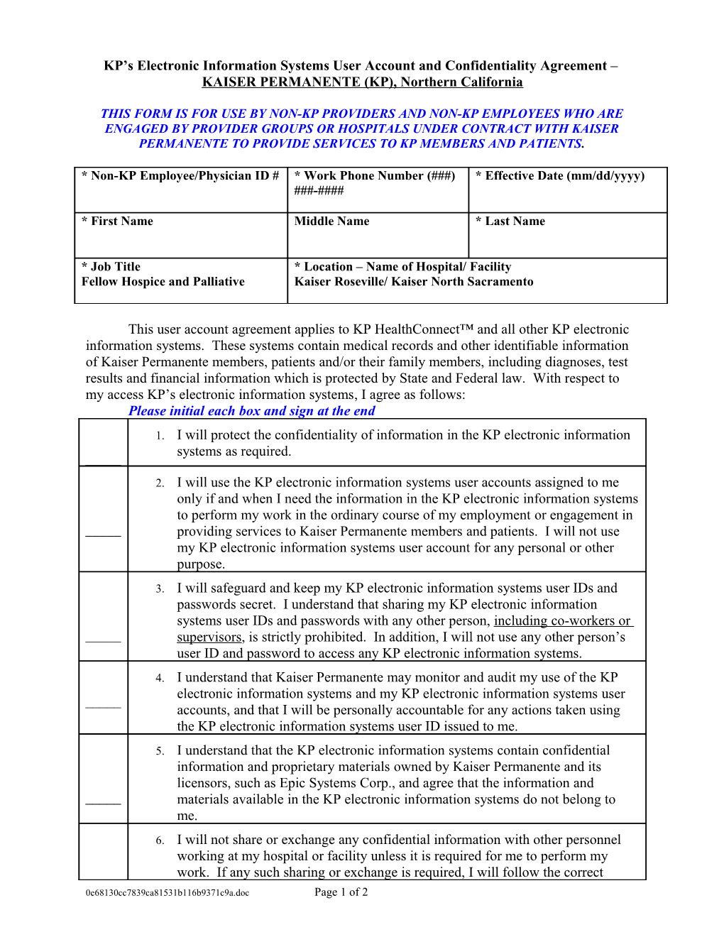 KP S Electronic Information Systems User Account and Confidentiality Agreement