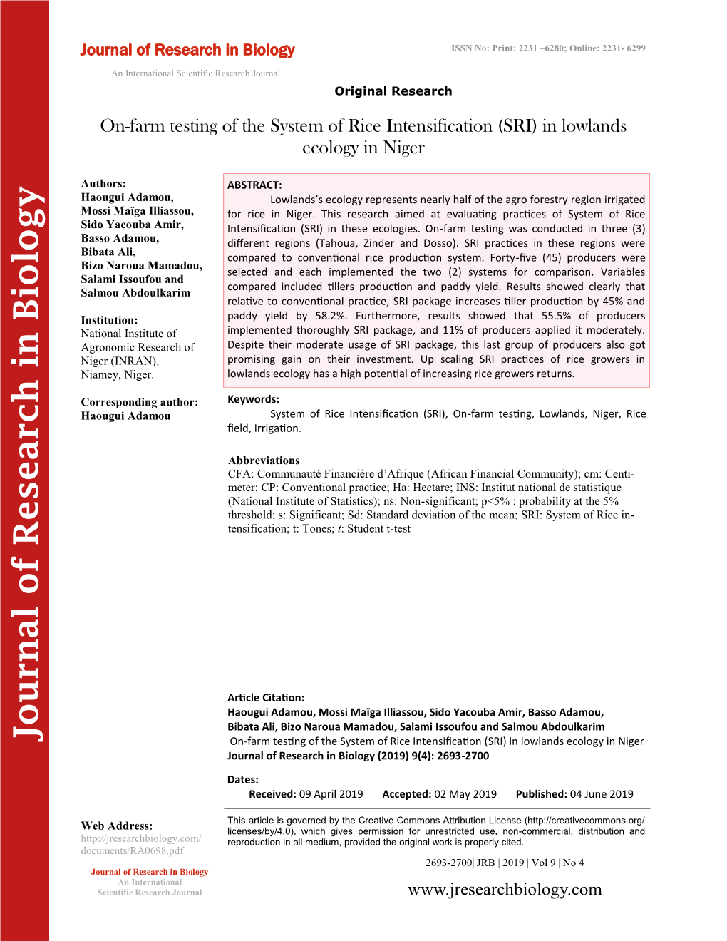 On-Farm Testing of the System of Rice Intensification (SRI) in Lowlands Ecology in Niger