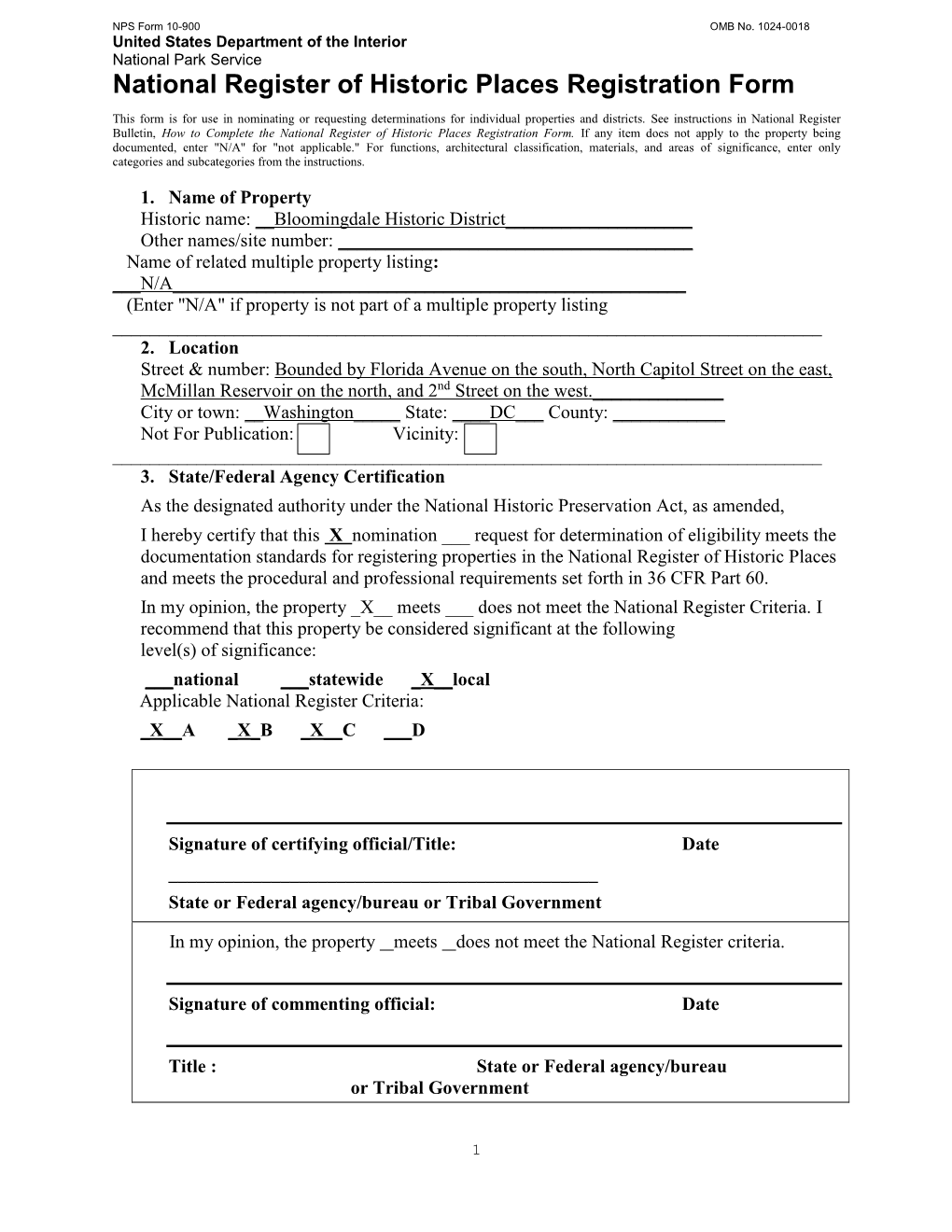 Bloomingdale Historic District Nomination