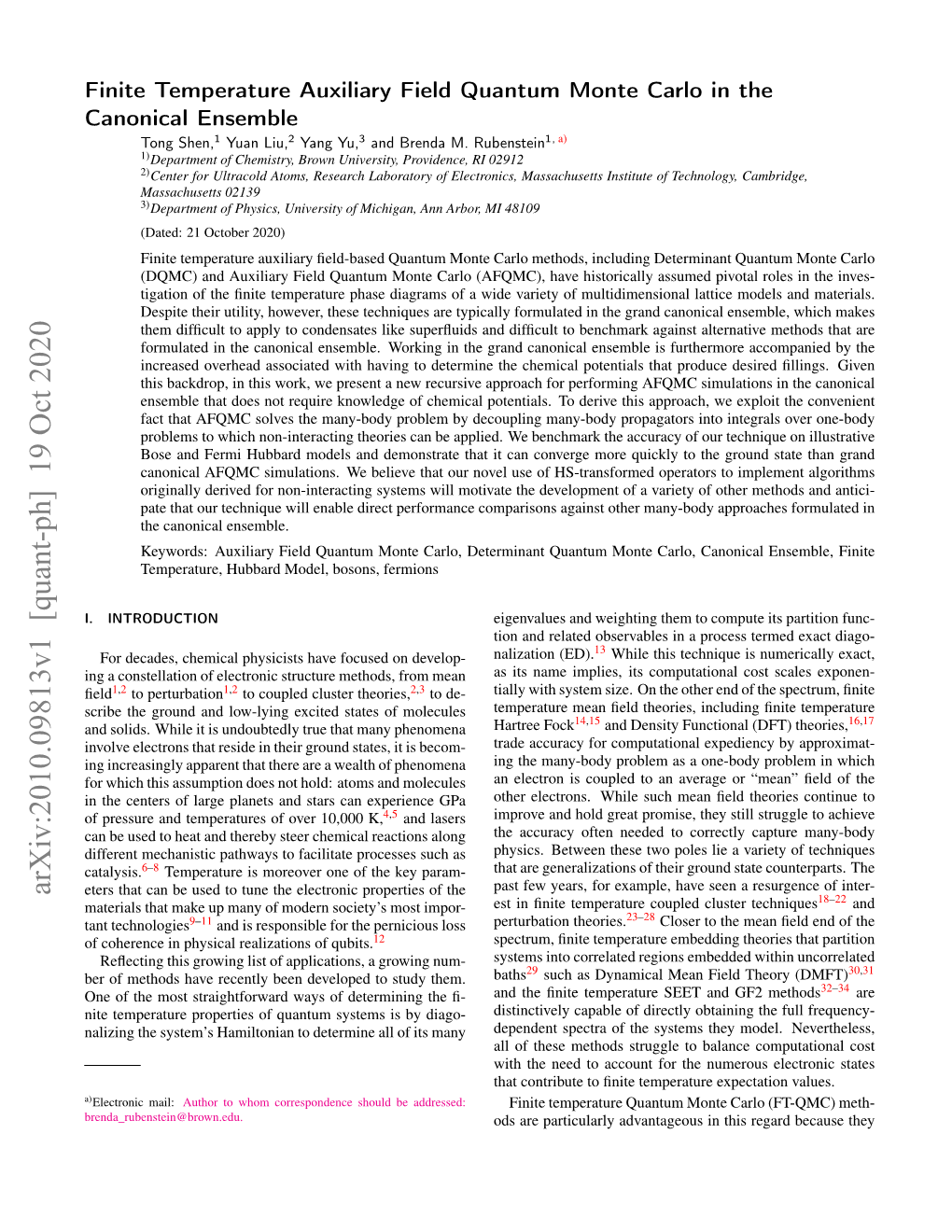 Finite Temperature Auxiliary Field Quantum Monte Carlo in the Canonical Ensemble Tong Shen,1 Yuan Liu,2 Yang Yu,3 and Brenda M