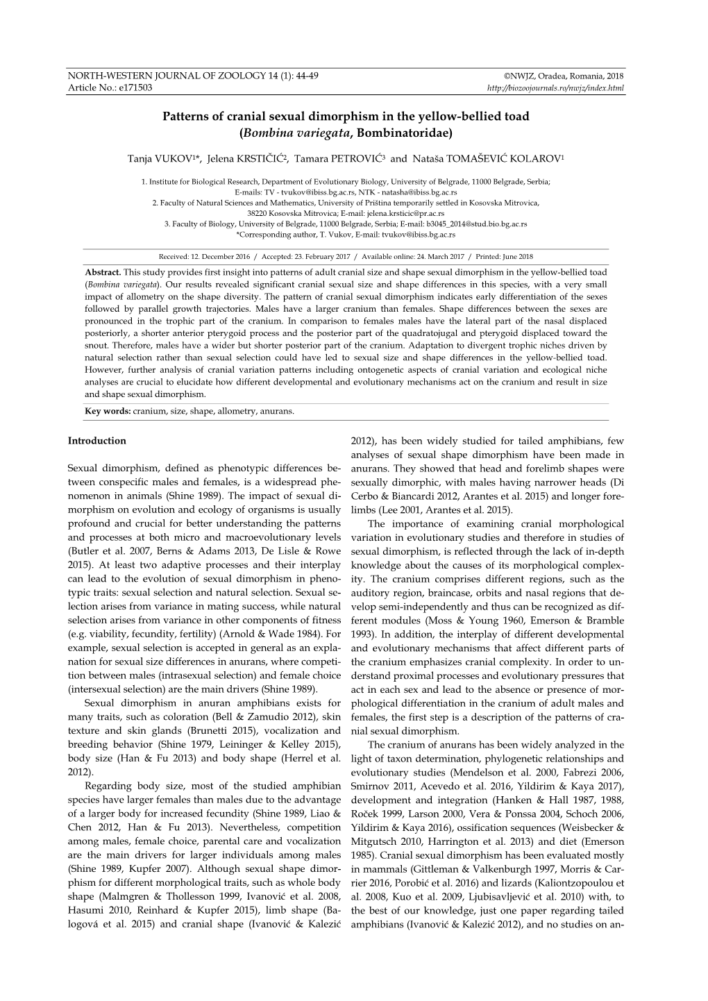 Patterns of Cranial Sexual Dimorphism in the Yellow-Bellied Toad (Bombina Variegata, Bombinatoridae)