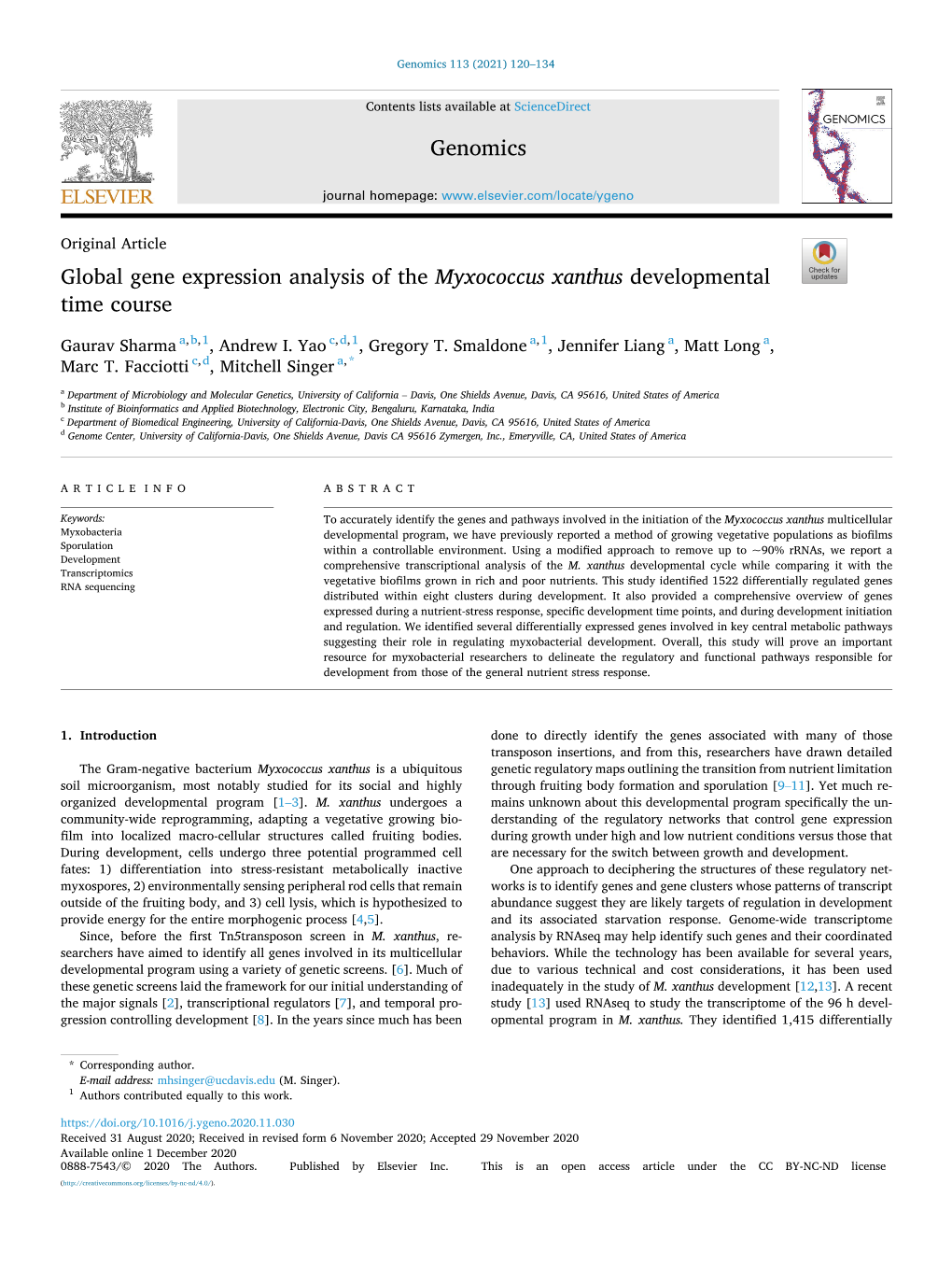 Global Gene Expression Analysis of the Myxococcus Xanthus Developmental Time Course