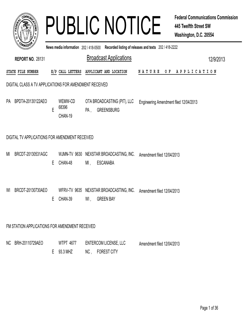 Broadcast Applications 12/9/2013