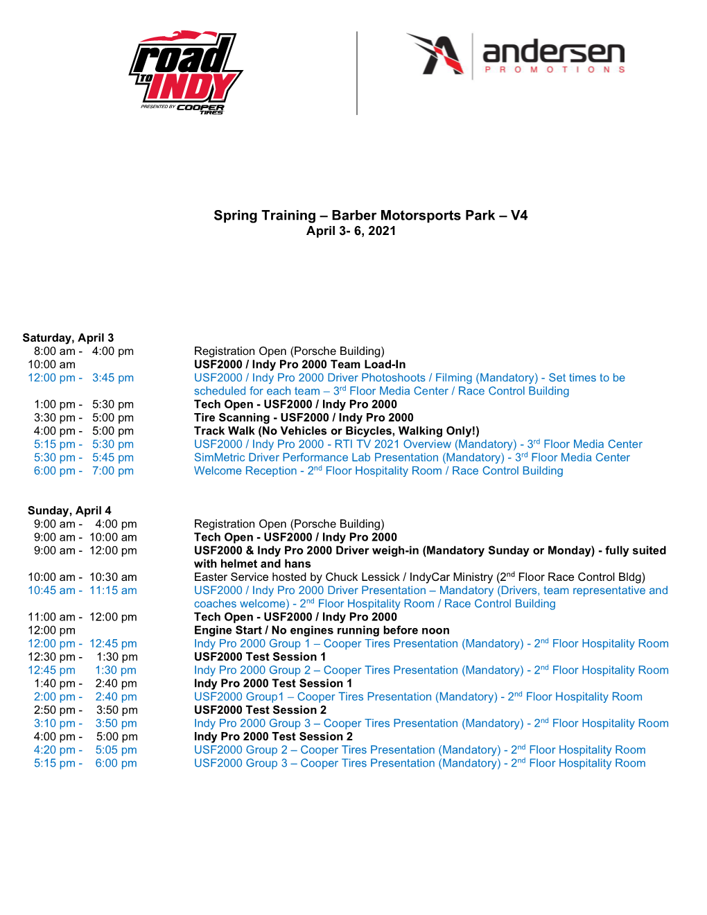 2021 Barber Motorsports Park Spring Training Schedule V4