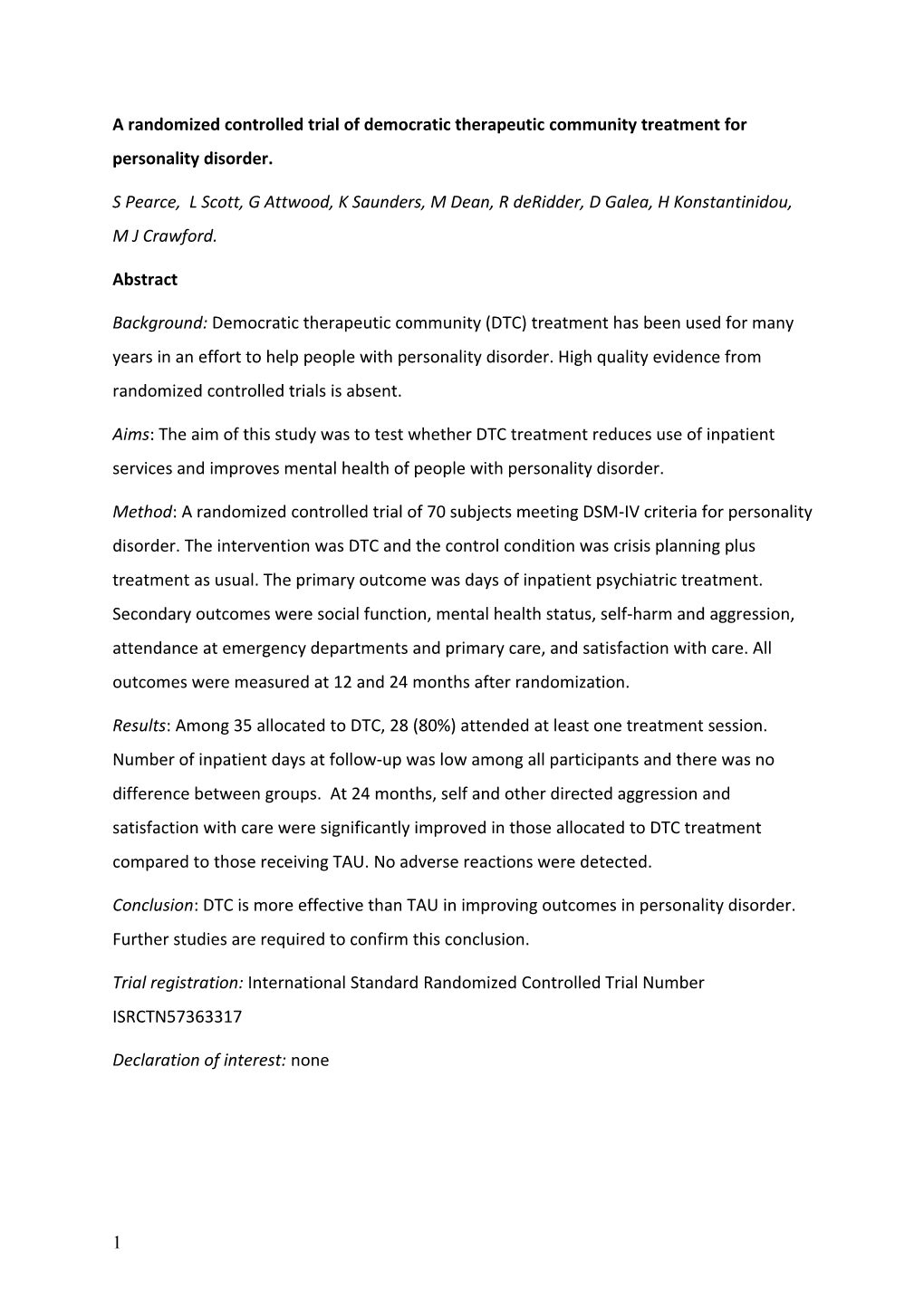 A Randomized Controlled Trial of Democratic Therapeutic Community Treatment for Personality