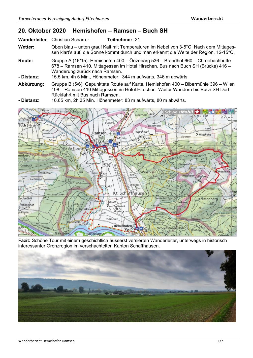 20. Oktober 2020 Hemishofen – Ramsen – Buch SH Wanderleiter: Christian Schärrer Teilnehmer: 21