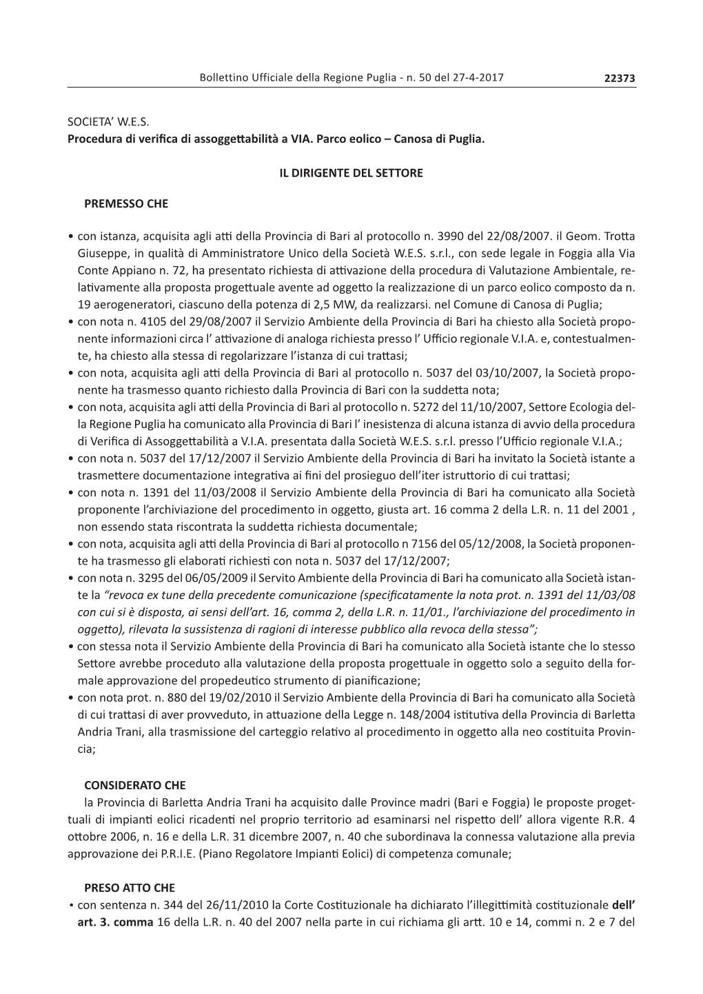 SOCIETA' W.E.S. Procedura Di Verifica Di Assoggettabilità a VIA. Parco