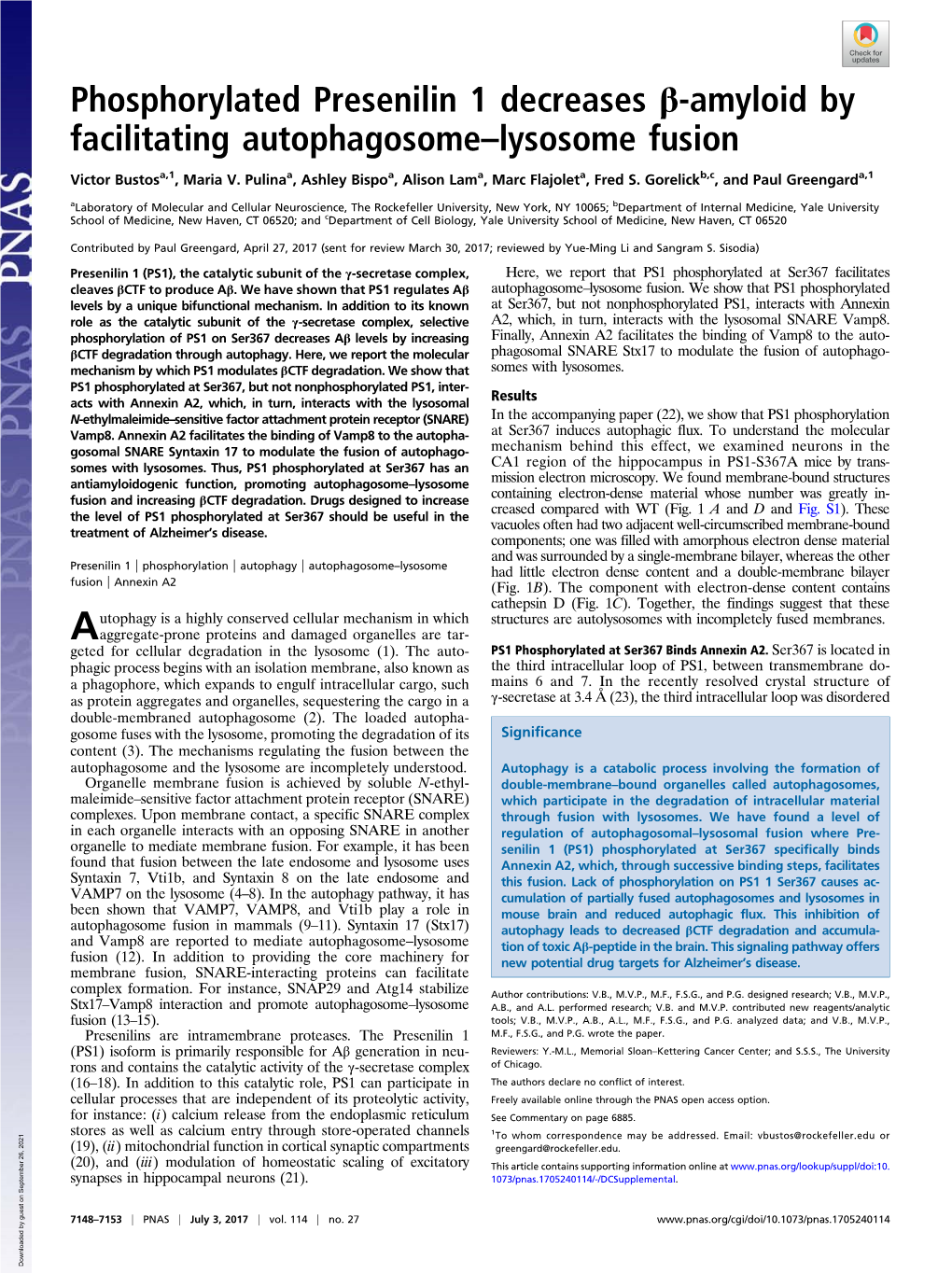 Phosphorylated Presenilin 1 Decreases Β-Amyloid by Facilitating Autophagosome–Lysosome Fusion