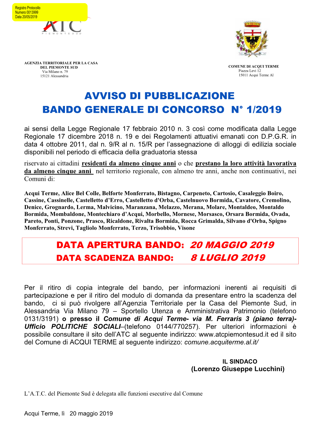 Avviso Di Pubblicazione Bando Generale Di Concorso N° 1/2019