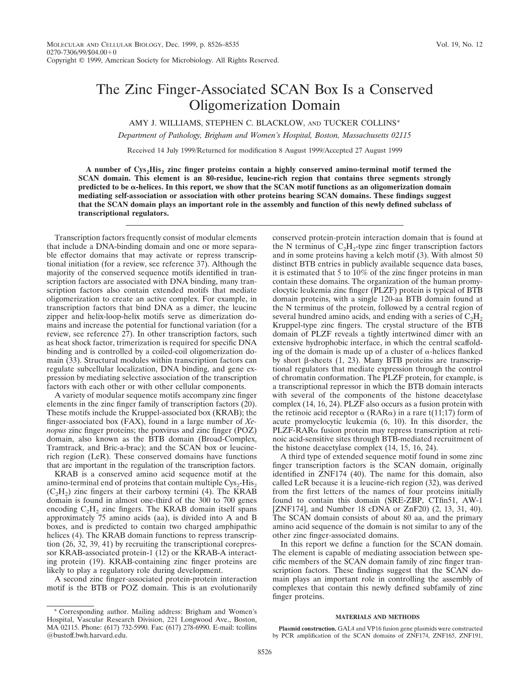 The Zinc Finger-Associated SCAN Box Is a Conserved Oligomerization Domain