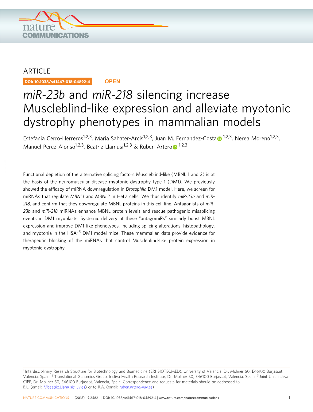 Mir-23B and Mir-218 Silencing Increase Muscleblind-Like Expression and Alleviate Myotonic Dystrophy Phenotypes in Mammalian Models