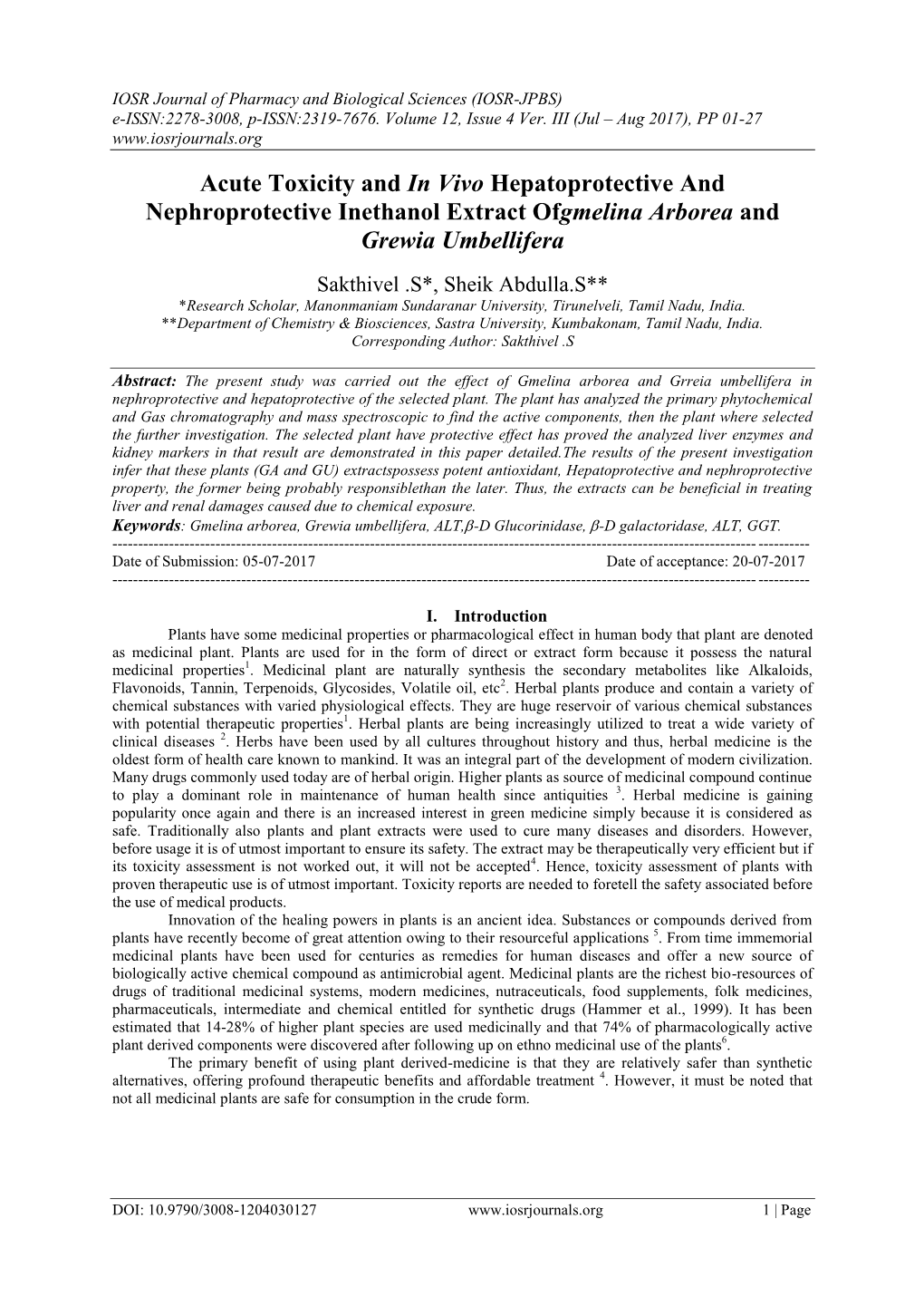 Acute Toxicity and in Vivo Hepatoprotective and Nephroprotective Inethanol Extract Ofgmelina Arborea and Grewia Umbellifera