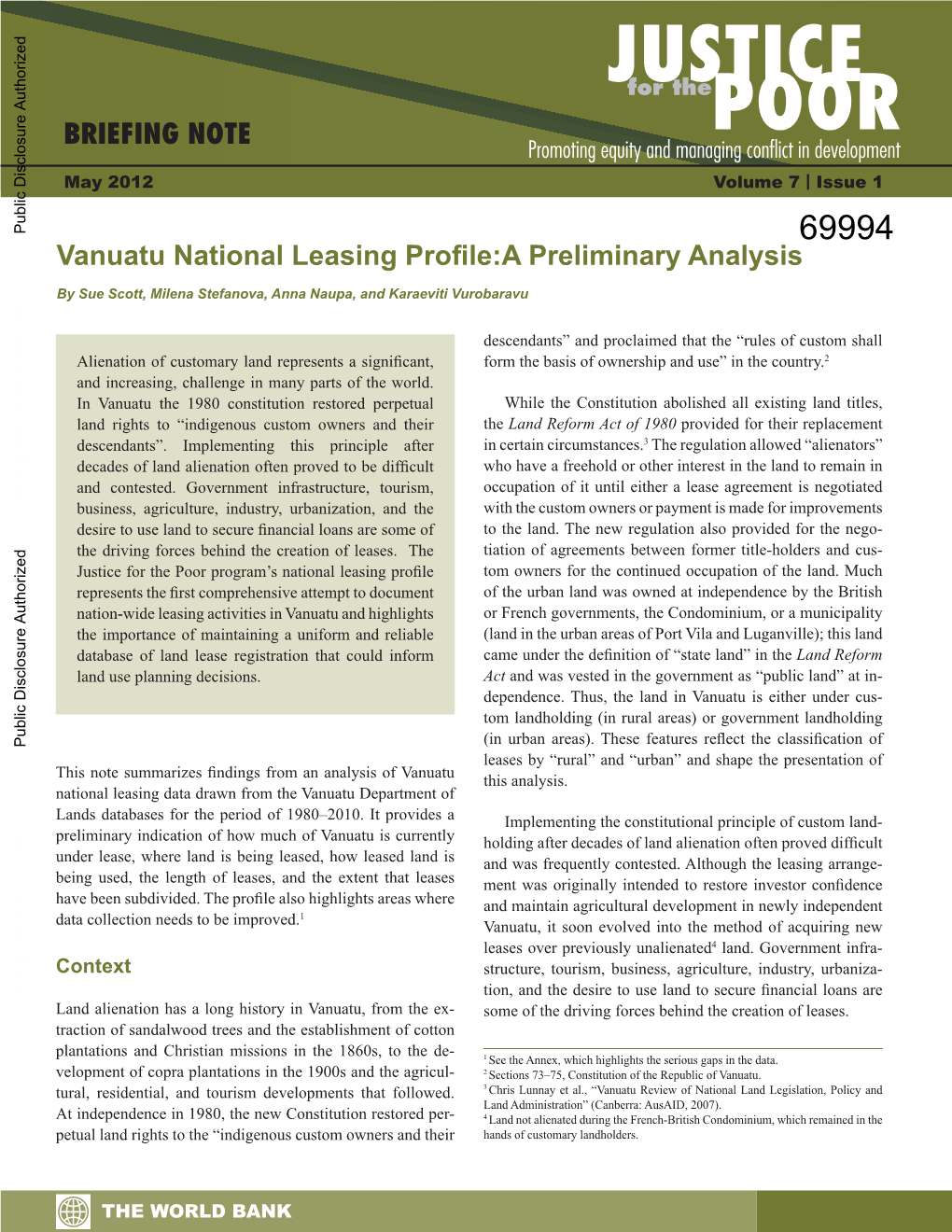 Vanuatu National Leasing Profile:A Preliminary Analysis