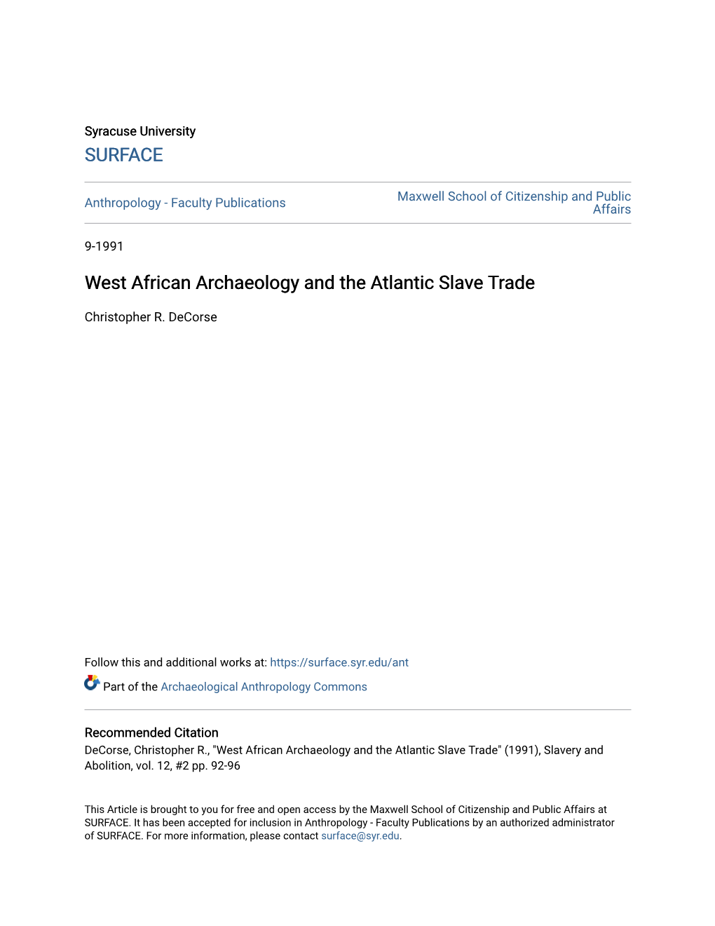 West African Archaeology and the Atlantic Slave Trade