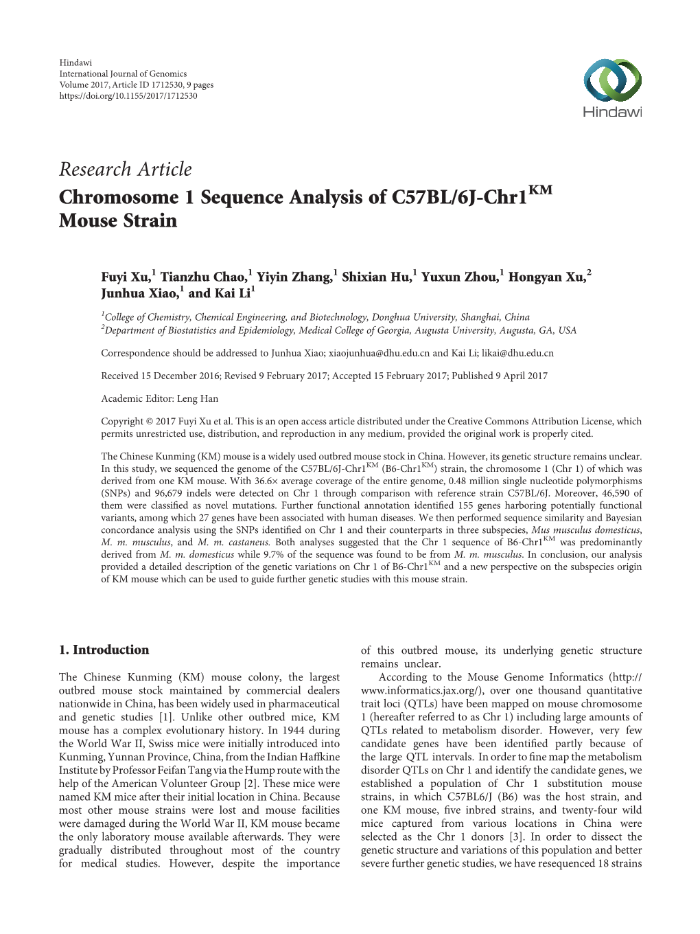 Chromosome 1 Sequence Analysis of C57BL/6J-Chr1km Mouse Strain