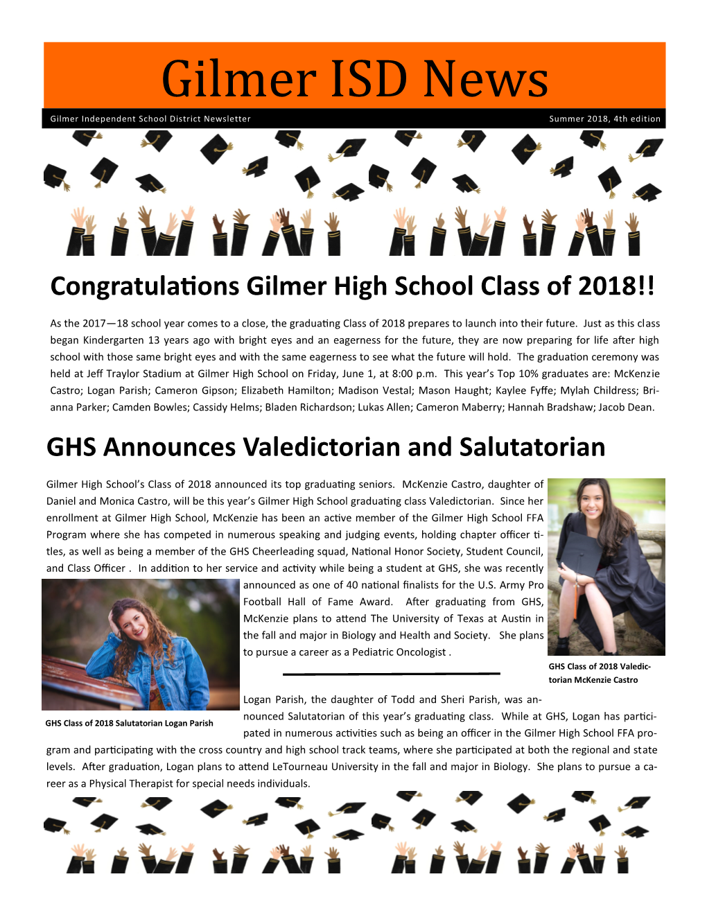 Gilmer ISD News Gilmer Independent School District Newsletter Summer 2018, 4Th Edition