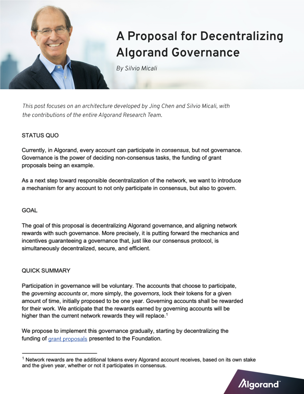 A Proposal for Decentralizing Algorand Governance by Silvio Micali