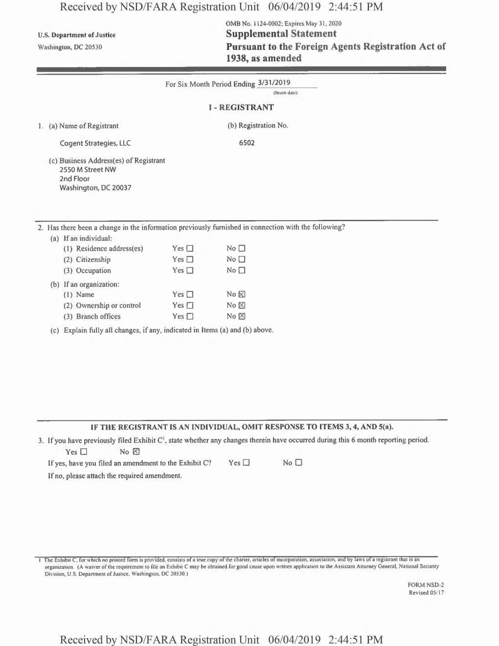 Supplemental Statement Pursuant to the Foreign Agents Registration Act of 1938, As Amended Received by NSD/FARA Registration