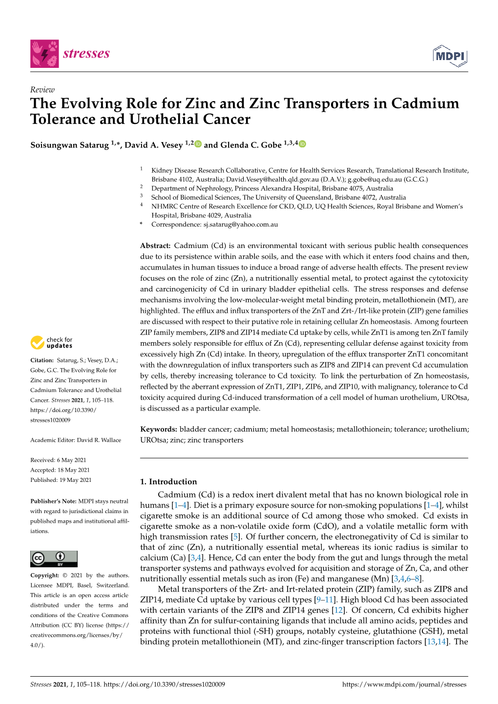 The Evolving Role for Zinc and Zinc Transporters in Cadmium Tolerance and Urothelial Cancer