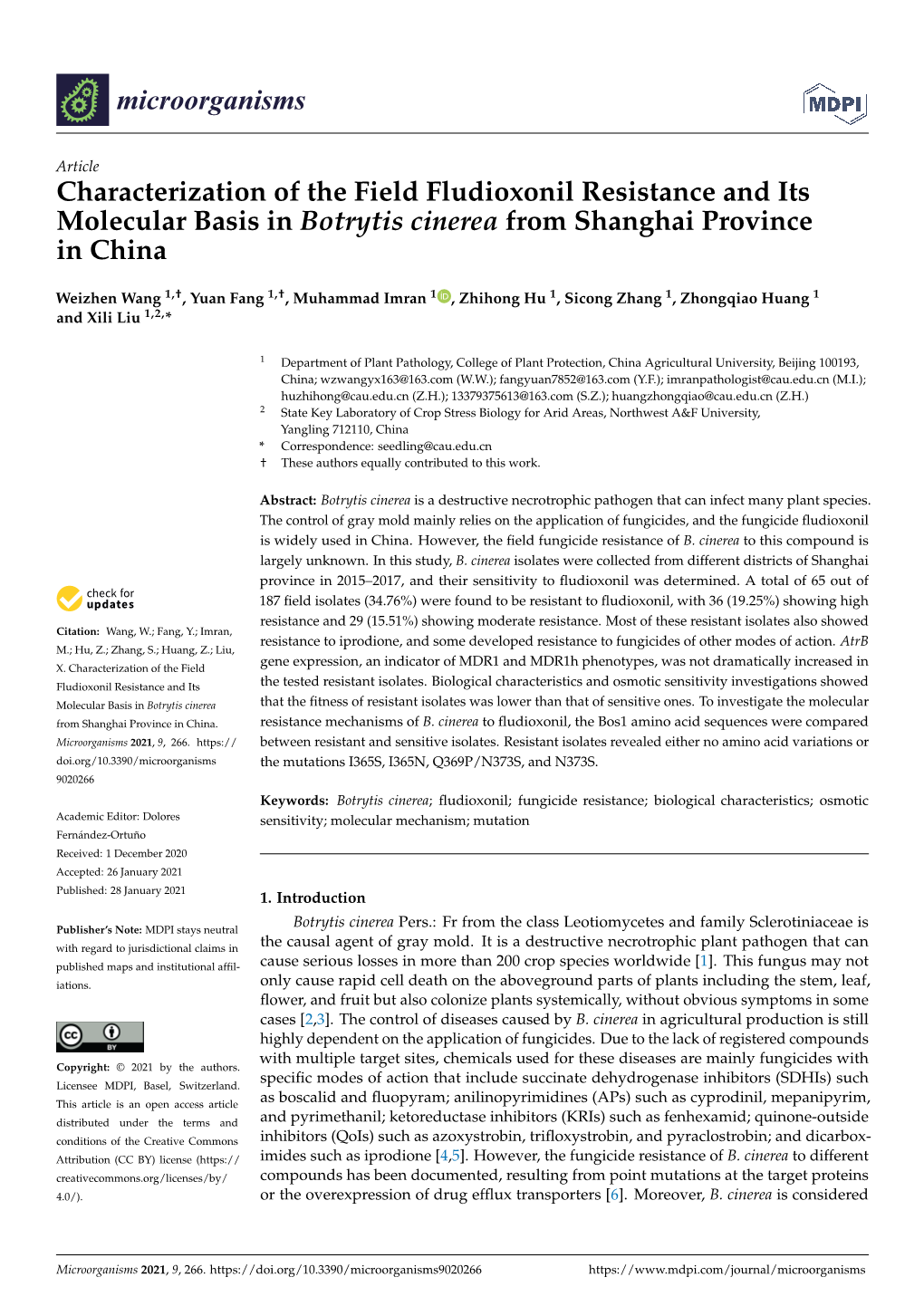 Characterization of the Field Fludioxonil Resistance and Its Molecular Basis in Botrytis Cinerea from Shanghai Province in China