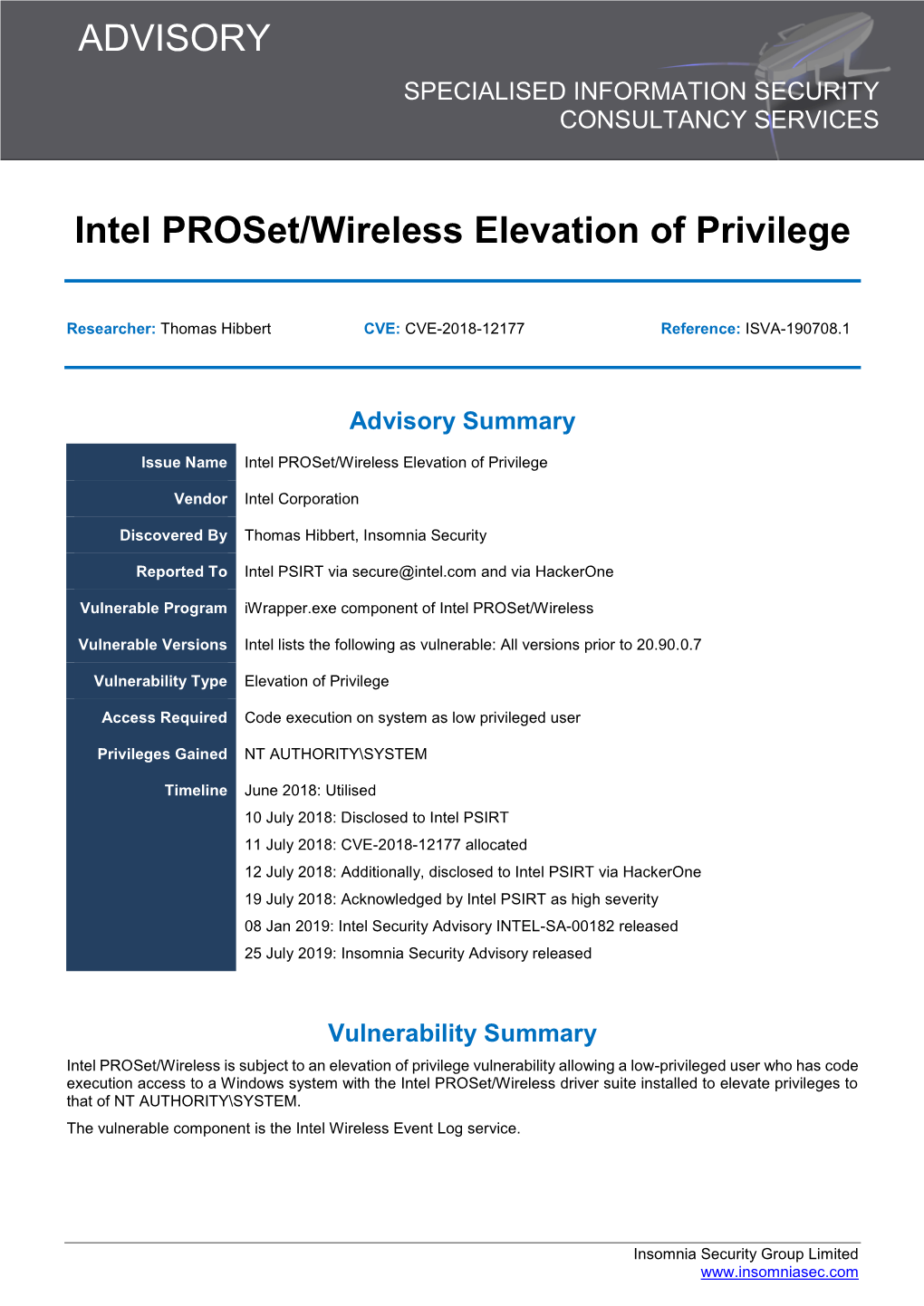 Intel Proset Wireless Elevation of Privilege