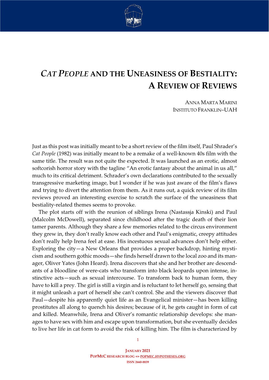 Cat People and the Uneasiness of Bestiality: a Review of Reviews