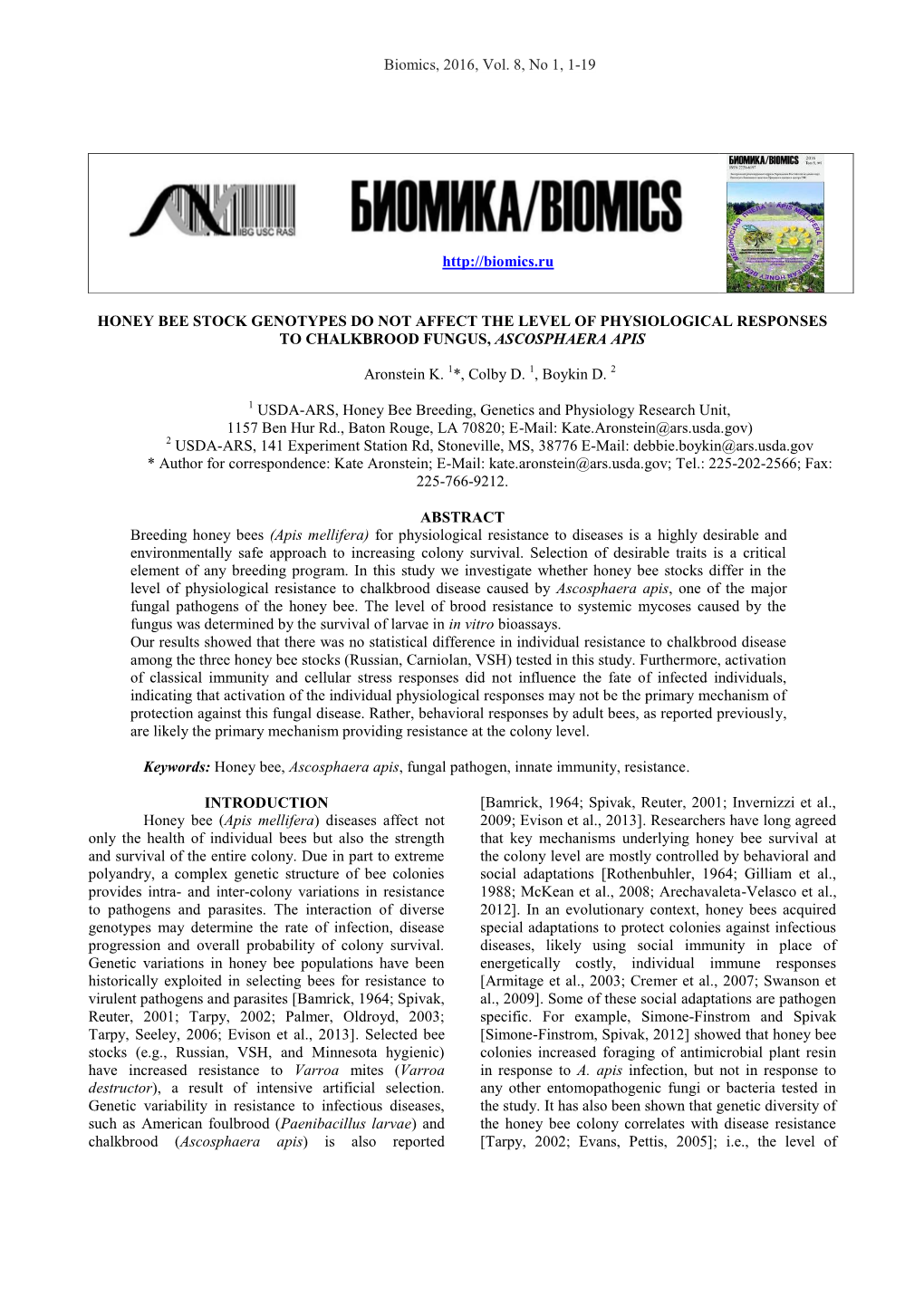 Biomics, 2016, Vol. 8, No 1, 1-19 HONEY BEE STOCK GENOTYPES