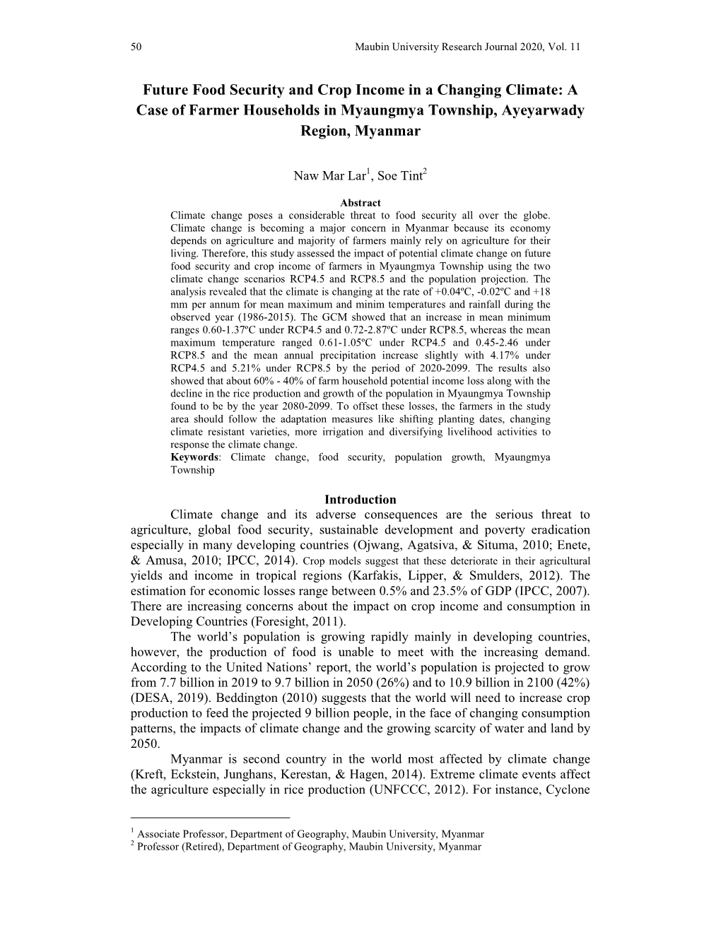 Future Food Security and Crop Income in a Changing Climate: a Case of Farmer Households in Myaungmya Township, Ayeyarwady Region, Myanmar