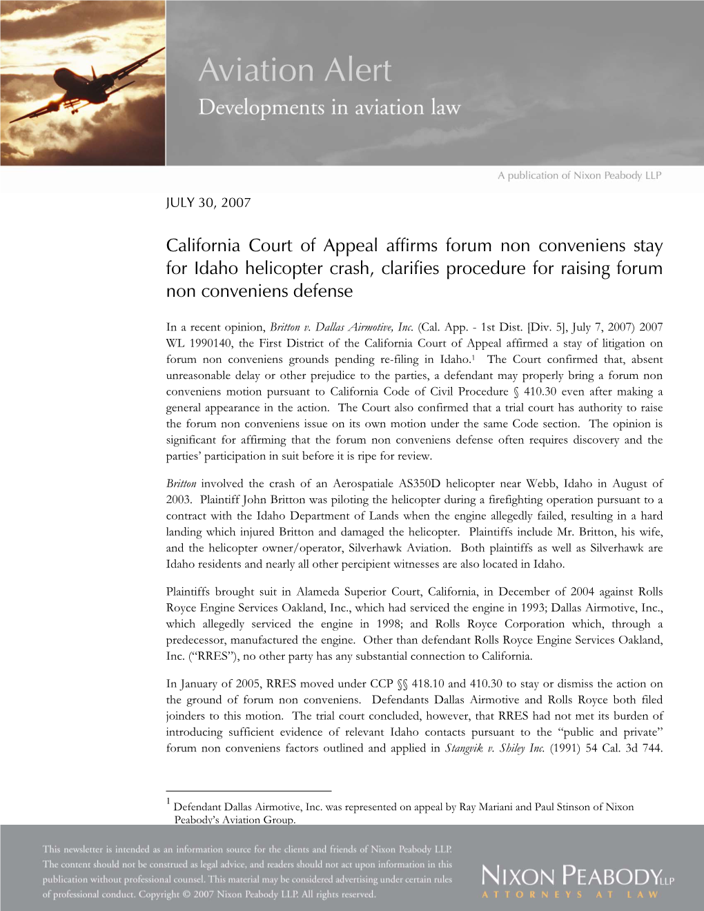 California Court of Appeal Affirms Forum Non Conveniens Stay for Idaho Helicopter Crash, Clarifies Procedure for Raising Forum Non Conveniens Defense