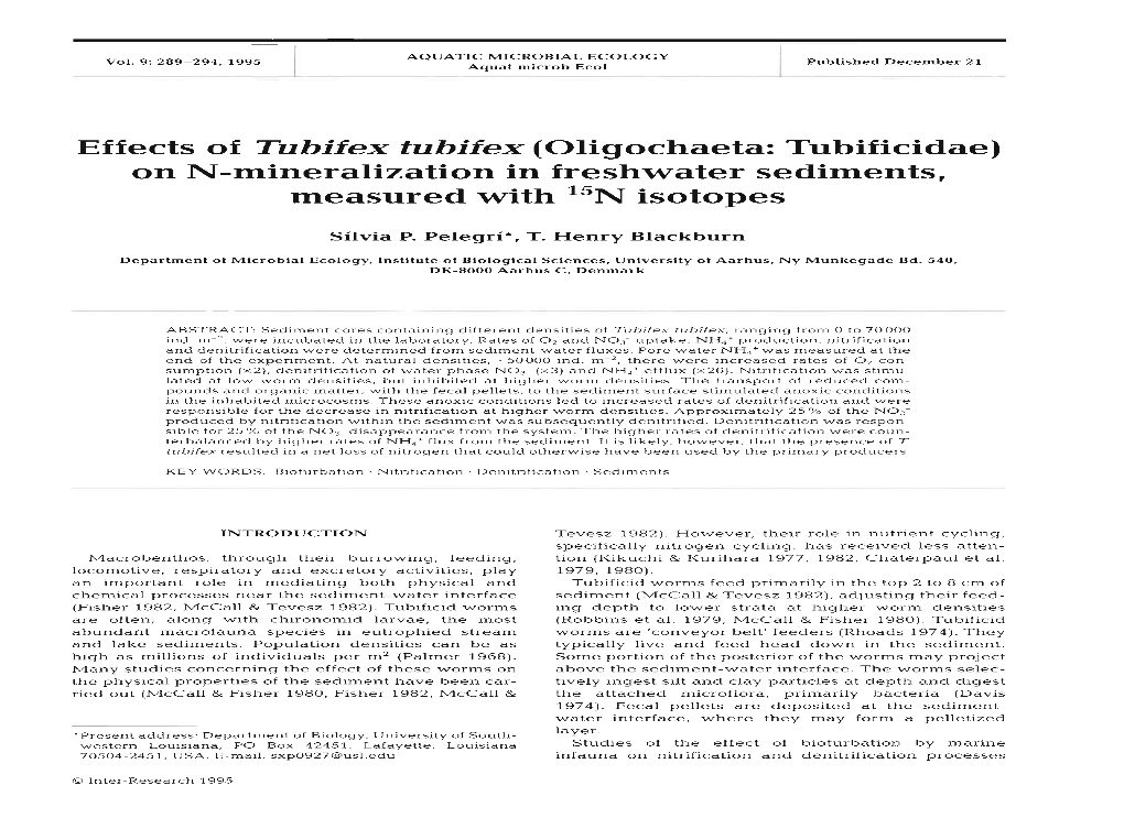 Effects of Tubifex Tubifex (Oligochaeta: Tubificidae) on N-Mineralization in Freshwater Sediments, Measured with 15~Isotopes