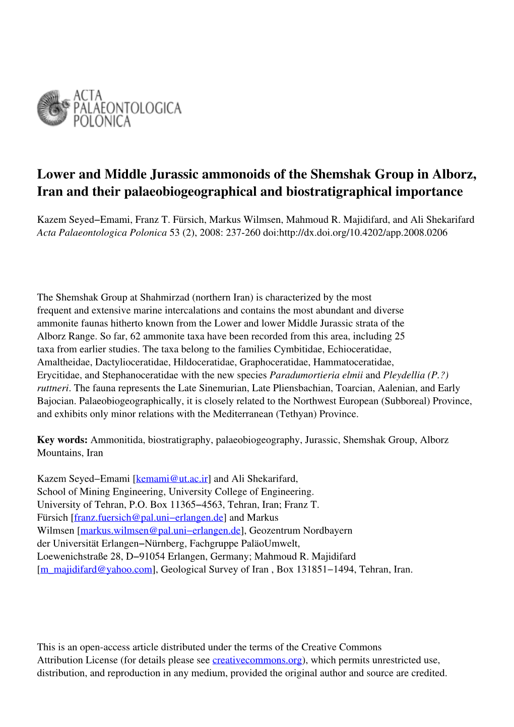 Lower and Middle Jurassic Ammonoids of the Shemshak Group in Alborz, Iran and Their Palaeobiogeographical and Biostratigraphical Importance