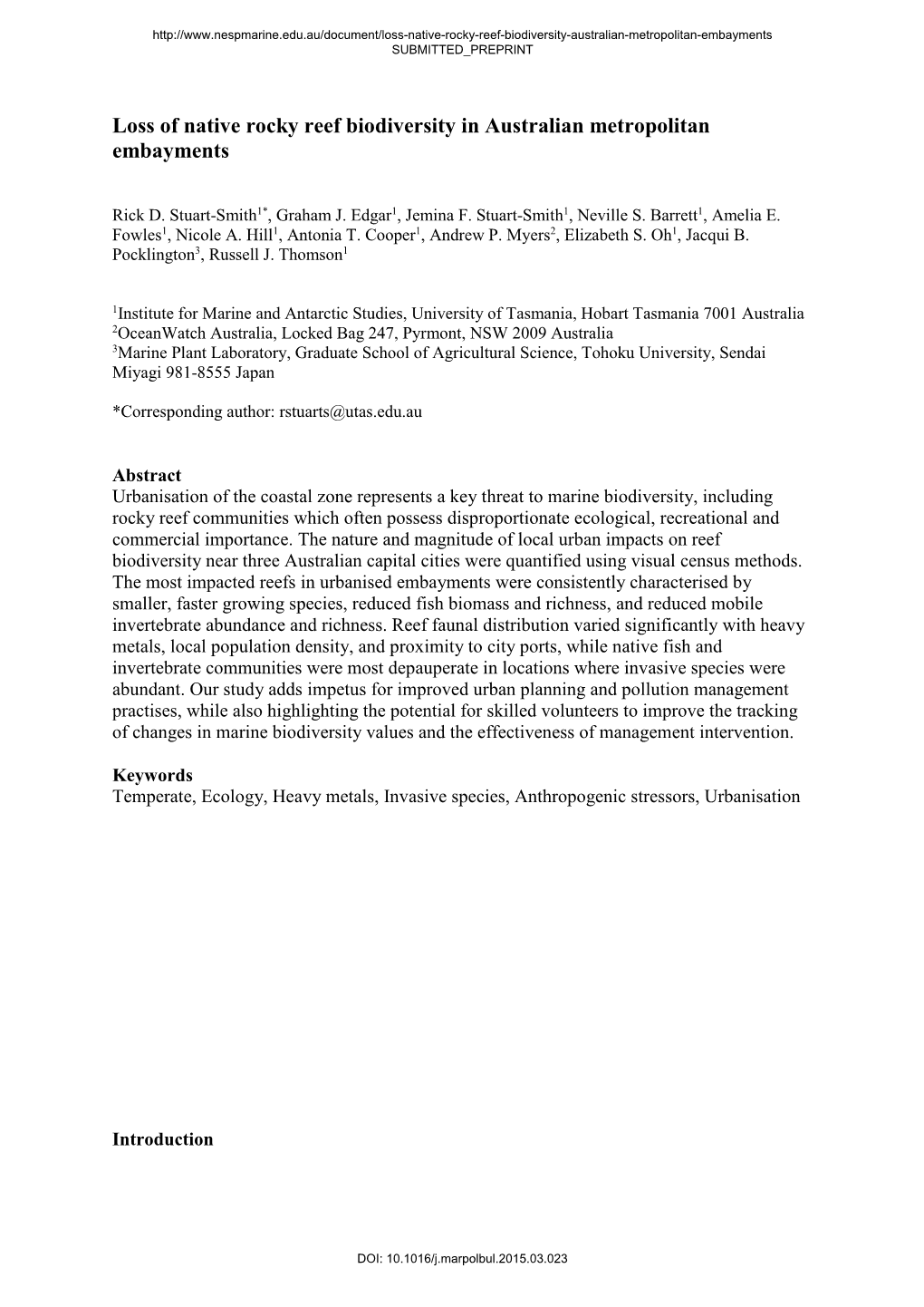 Loss of Native Rocky Reef Biodiversity in Australian Metropolitan Embayments