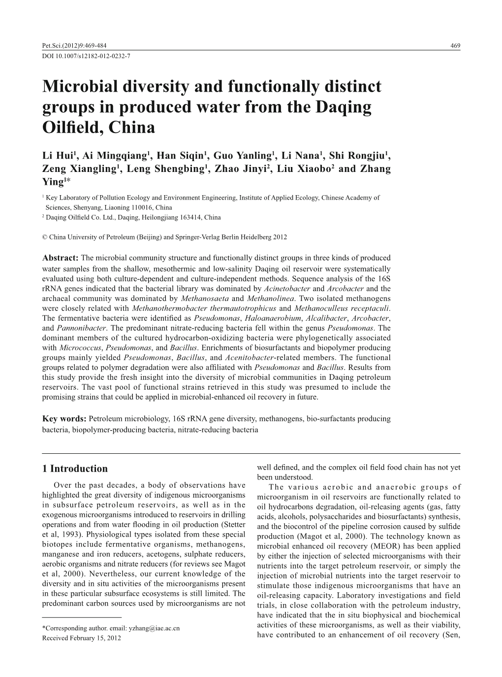 Microbial Diversity and Functionally Distinct Groups in Produced Water from the Daqing 2LO¿HOG&KLQD