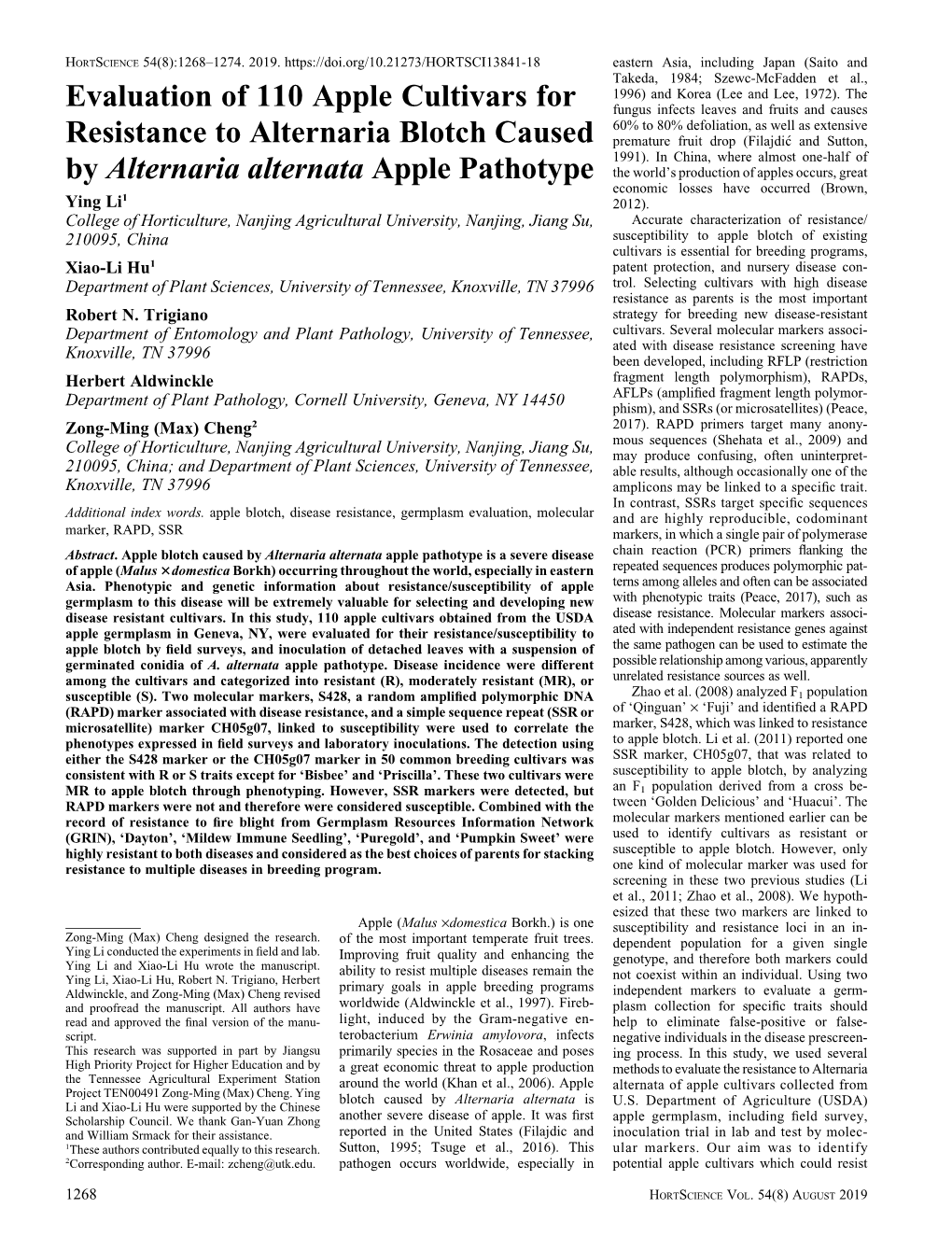 Evaluation of 110 Apple Cultivars for Resistance to Alternaria Blotch