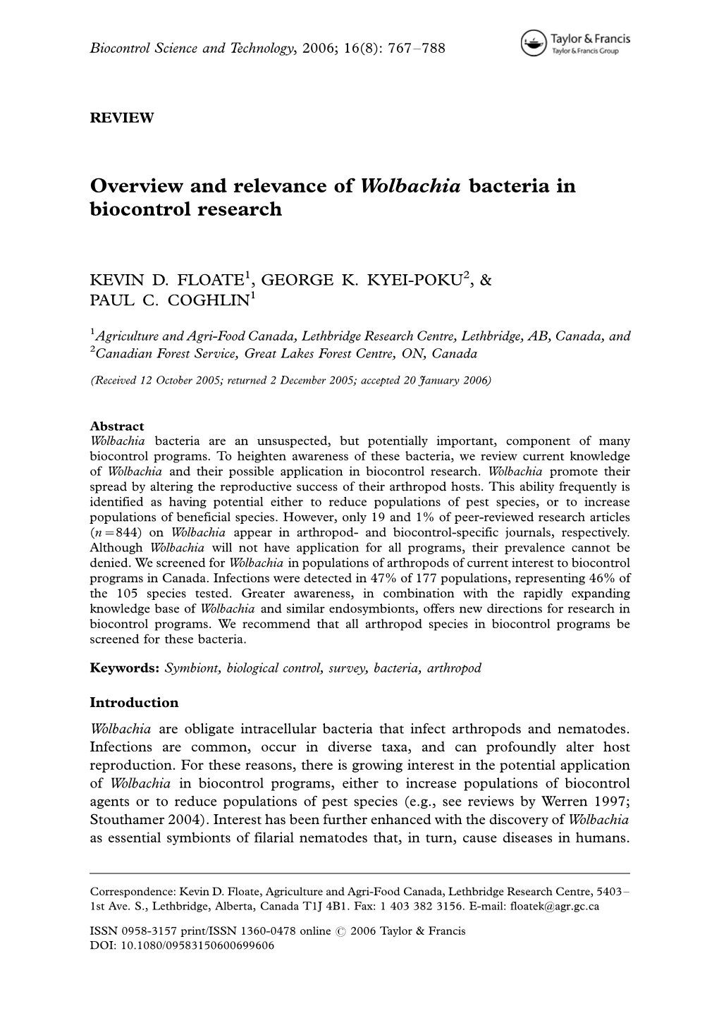 Overview and Relevance of Wolbachia Bacteria in Biocontrol Research