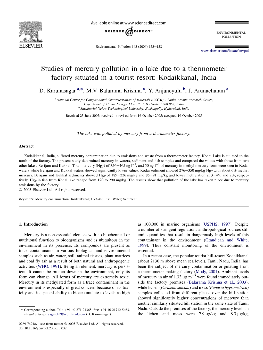 Studies of Mercury Pollution in a Lake Due to a Thermometer Factory Situated in a Tourist Resort: Kodaikkanal, India